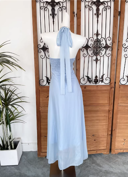 Elegant Light Blue A-Line Halter V-Neck 3D Floral Chiffon Long Prom Dress Evening Dress