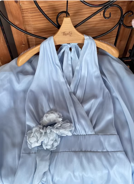 Elegant Light Blue A-Line Halter V-Neck 3D Floral Chiffon Long Prom Dress Evening Dress
