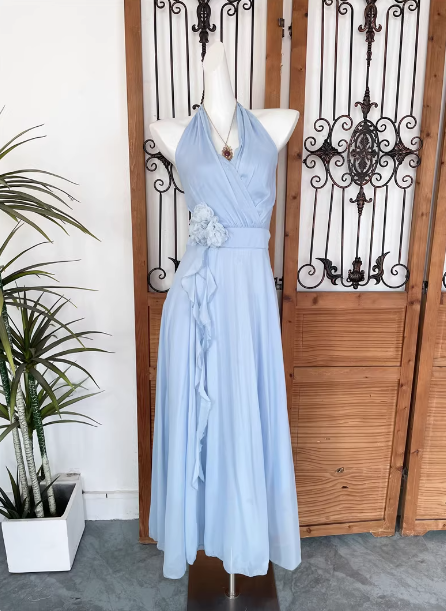 Elegant Light Blue A-Line Halter V-Neck 3D Floral Chiffon Long Prom Dress Evening Dress Main image