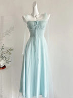 Elegant Light Blue A-Line Square Neck Tulle Long Prom Dress Evening Dress Bridesmaid Dress