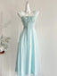 Elegant Light Blue A-Line Square Neck Tulle Long Prom Dress Evening Dress Bridesmaid Dress