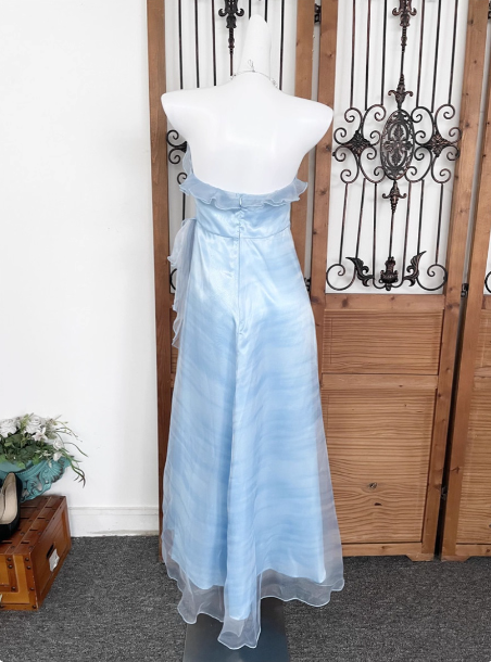 Elegant Light Blue A-Line Strapless Ruffled Tulle Long Prom Dress Evening Dress