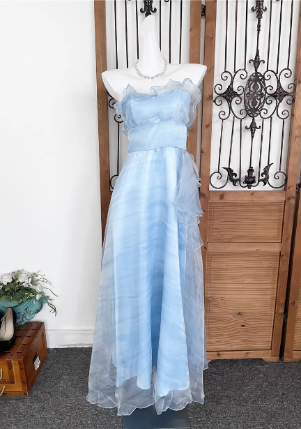 Elegant Light Blue A-Line Strapless Ruffled Tulle Long Prom Dress Evening Dress Main image