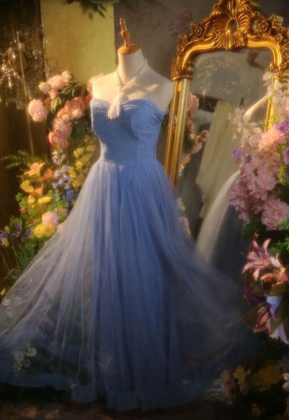 Elegant Light Blue A-Line Sweetheart Neckline Lace Tulle Long Prom Dress Evening Dress Secondary image