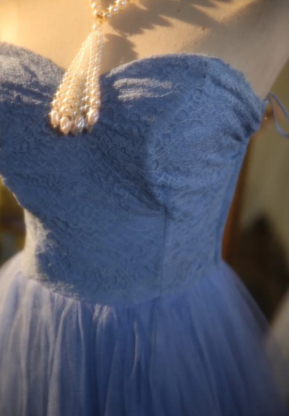 Elegant Light Blue A-Line Sweetheart Neckline Lace Tulle Long Prom Dress Evening Dress