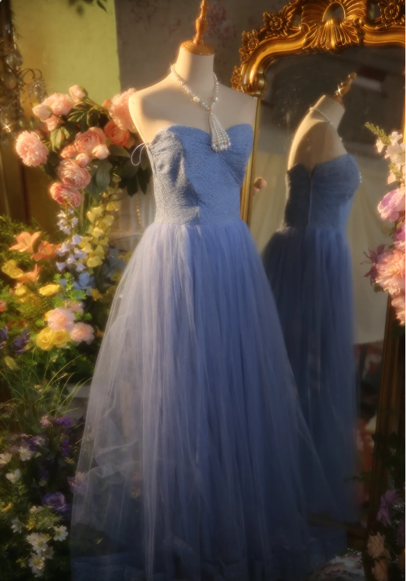 Elegant Light Blue A-Line Sweetheart Neckline Lace Tulle Long Prom Dress Evening Dress