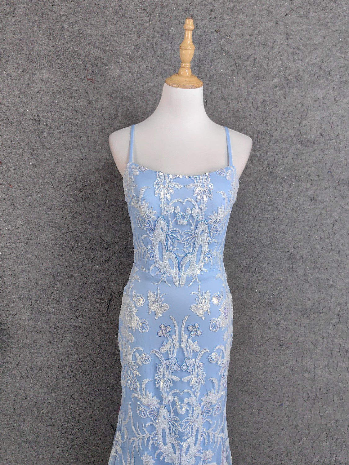 Elegant Light Blue Square Neck Spaghetti Strap Mermaid Sequin Tulle Long Prom Dress Evening Dress Secondary image