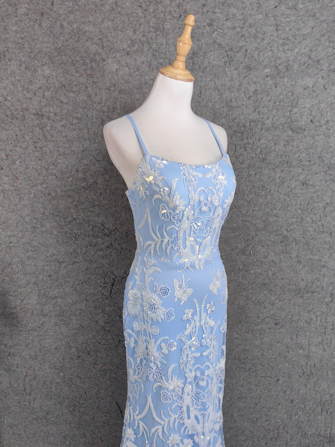 Elegant Light Blue Square Neck Spaghetti Strap Mermaid Sequin Tulle Long Prom Dress Evening Dress
