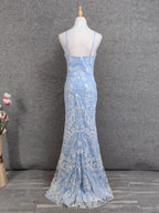 Elegant Light Blue Square Neck Spaghetti Strap Mermaid Sequin Tulle Long Prom Dress Evening Dress