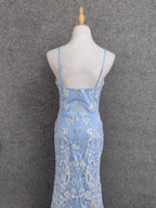 Elegant Light Blue Square Neck Spaghetti Strap Mermaid Sequin Tulle Long Prom Dress Evening Dress