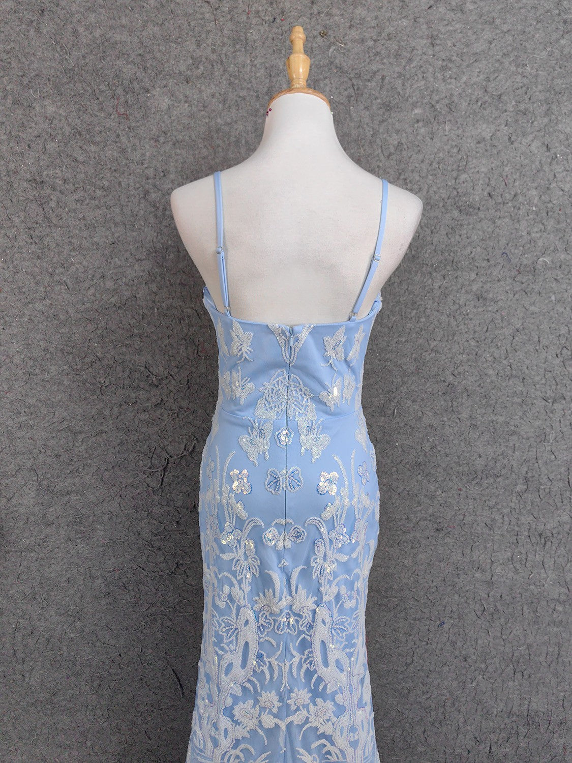 Elegant Light Blue Square Neck Spaghetti Strap Mermaid Sequin Tulle Long Prom Dress Evening Dress