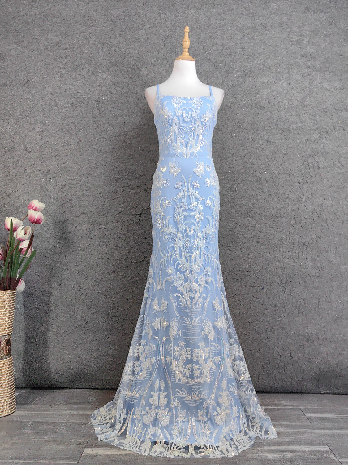 Elegant Light Blue Square Neck Spaghetti Strap Mermaid Sequin Tulle Long Prom Dress Evening Dress Main image