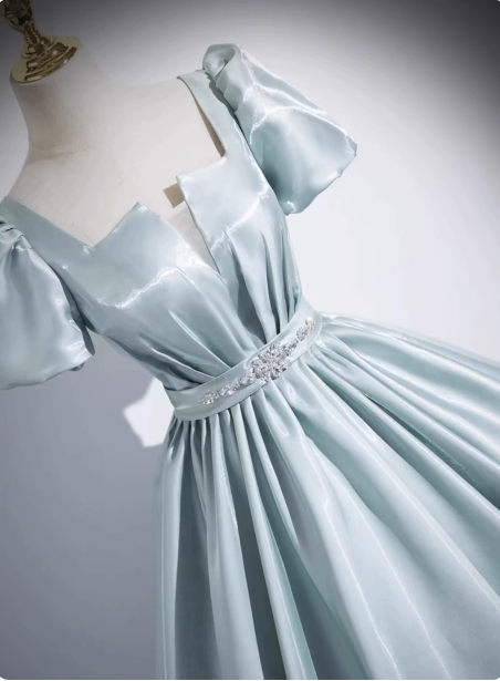 Elegant Light Cyan Square Neck Short Sleeve Satin Long Prom Dress Evening Dress Secondary image