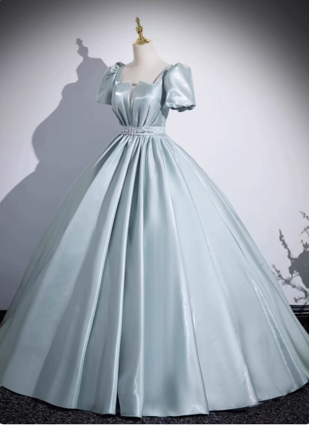 Elegant Light Cyan Square Neck Short Sleeve Satin Long Prom Dress Evening Dress Main image