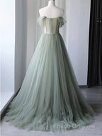 Elegant Light Green A-Line Tulle Off The Shoulder Long Formal Prom Dress Formal Dress,