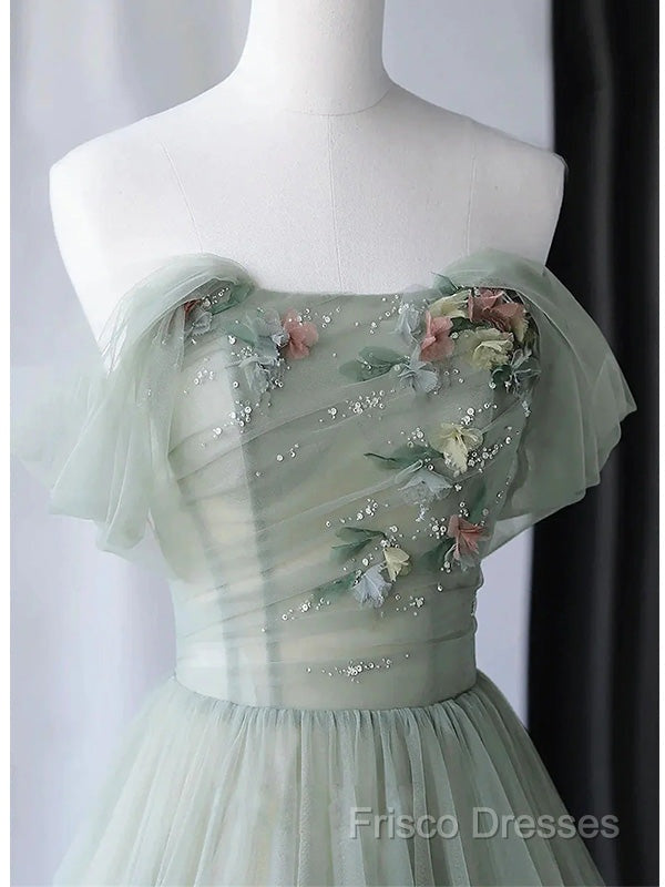 Elegant Light Green A-Line Tulle Off The Shoulder Long Formal Prom Dress Formal Dress,
