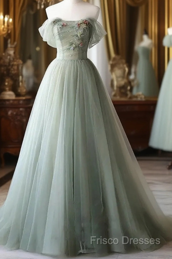 Elegant Light Green A-Line Tulle Off The Shoulder Long Formal Prom Dress Formal Dress, Main image