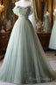 Elegant Light Green A-Line Tulle Off The Shoulder Long Formal Prom Dress Formal Dress,