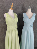 Elegant Light Green A-Line V-Neck Sleeveless Ruffled Chiffon Long Prom Dress Evening Dress