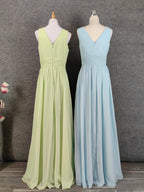 Elegant Light Green A-Line V-Neck Sleeveless Ruffled Chiffon Long Prom Dress Evening Dress