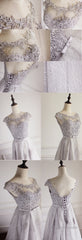 Elegant Light Grey Cap Sleeve Lac Prints Organza Appliques  A-Line Lace Up Back Floor Length Bridesmaid Dresses,