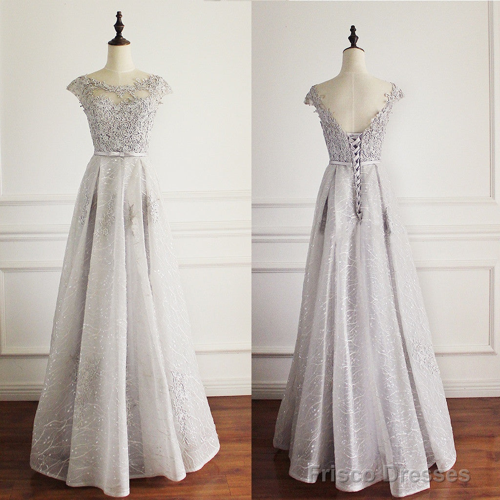 Elegant Light Grey Cap Sleeve Lac Prints Organza Appliques  A-Line Lace Up Back Floor Length Bridesmaid Dresses, Main image