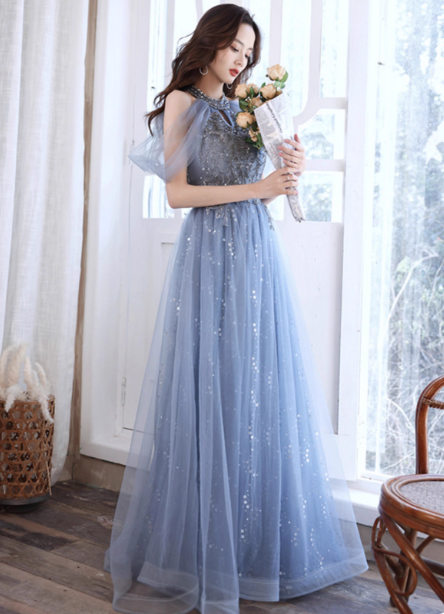 Elegant Light Haze Blue A-Line Halter Cold Shoulder Tulle Long Prom Dress Evening Dress