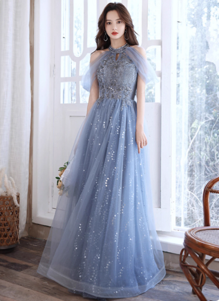 Elegant Light Haze Blue A-Line Halter Cold Shoulder Tulle Long Prom Dress Evening Dress Main image