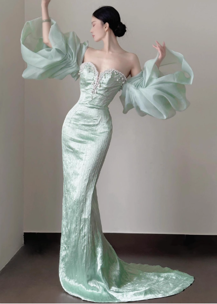 Elegant Light Mint Green Mermaid Sweetheart Neck Pearl Backless Shiny Satin Train Prom Dress Evening Dress Secondary image