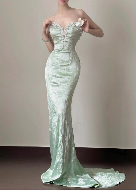 Elegant Light Mint Green Mermaid Sweetheart Neck Pearl Backless Shiny Satin Train Prom Dress Evening Dress