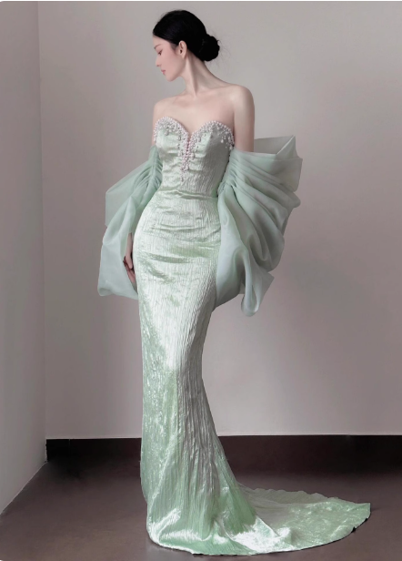 Elegant Light Mint Green Mermaid Sweetheart Neck Pearl Backless Shiny Satin Train Prom Dress Evening Dress Main image