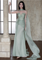 Elegant Light Mint Green Sweetheart Neck 3D Floral Split Chiffon Prom Dress Evening Dress