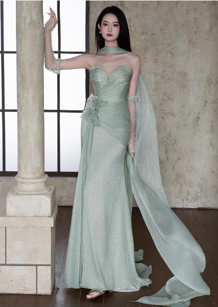 Elegant Light Mint Green Sweetheart Neck 3D Floral Split Chiffon Prom Dress Evening Dress