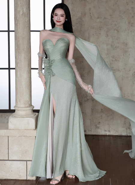 Elegant Light Mint Green Sweetheart Neck 3D Floral Split Chiffon Prom Dress Evening Dress