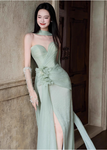 Elegant Light Mint Green Sweetheart Neck 3D Floral Split Chiffon Prom Dress Evening Dress