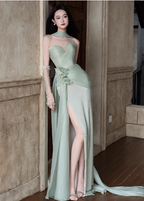 Elegant Light Mint Green Sweetheart Neck 3D Floral Split Chiffon Prom Dress Evening Dress
