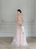 Elegant Light Pink A-Line Strapless Feather Long Prom Dress Evening Dress