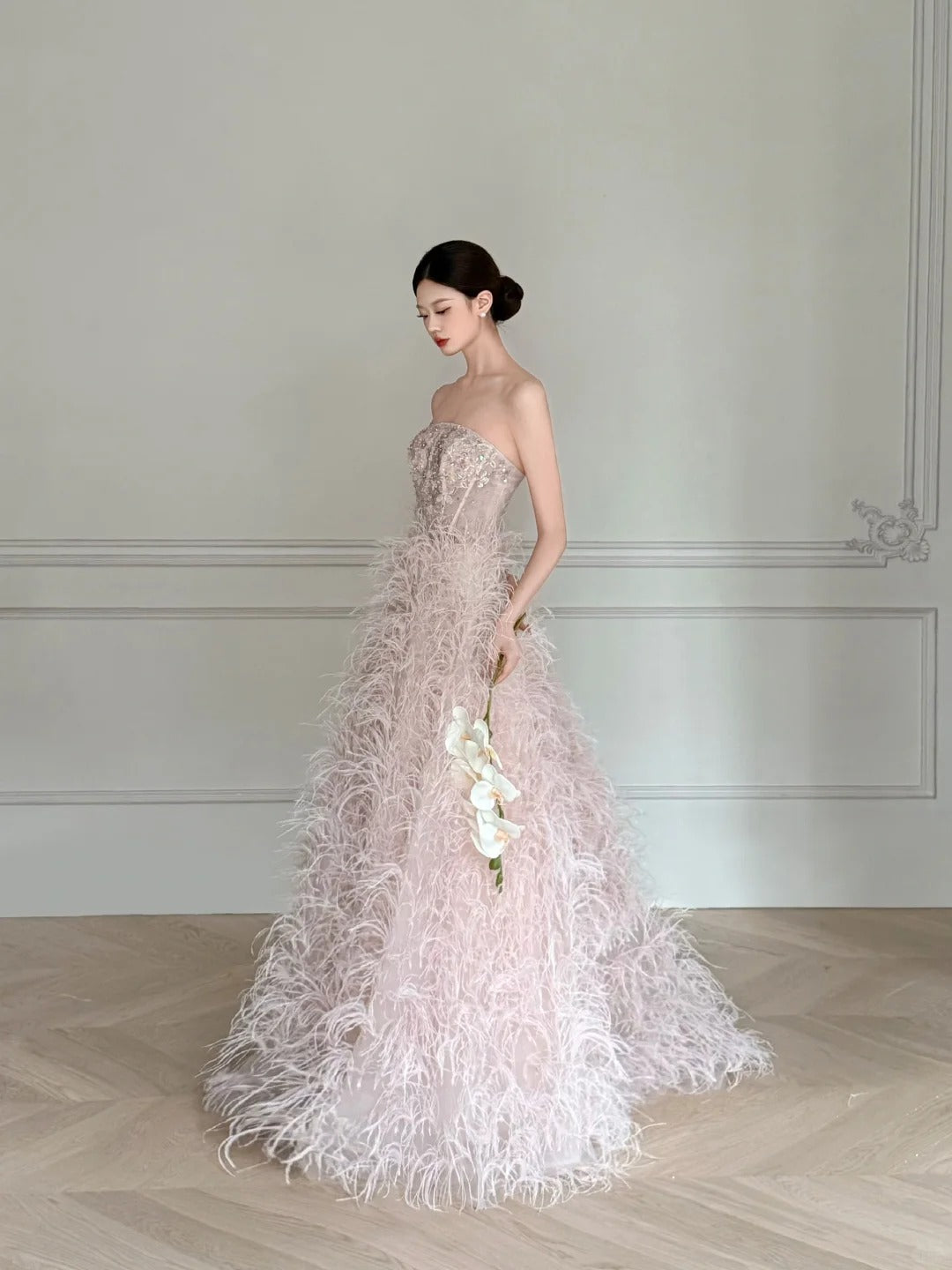 Elegant Light Pink A-Line Strapless Feather Long Prom Dress Evening Dress