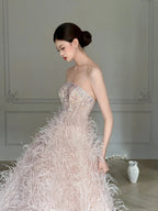 Elegant Light Pink A-Line Strapless Feather Long Prom Dress Evening Dress