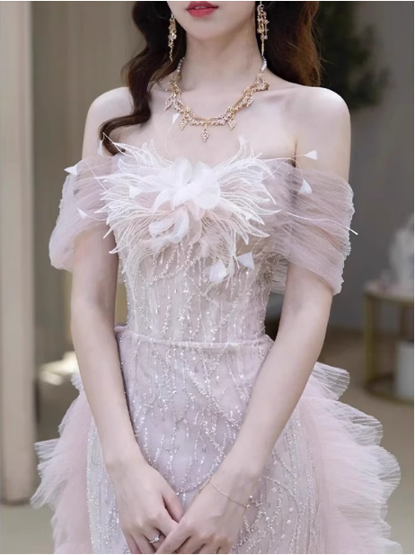 Elegant Light Pink Mermaid Off-The-Shoulder Sequined Sheer Tulle Long Prom Dress Evening Dress