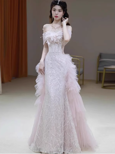 Elegant Light Pink Mermaid Off-The-Shoulder Sequined Sheer Tulle Long Prom Dress Evening Dress