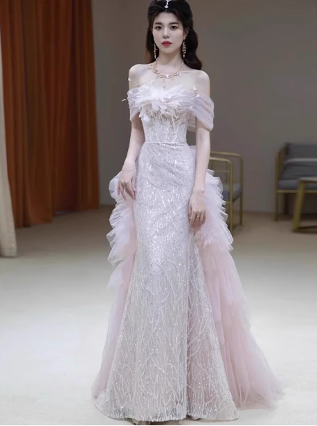 Elegant Light Pink Mermaid Off-The-Shoulder Sequined Sheer Tulle Long Prom Dress Evening Dress Main image