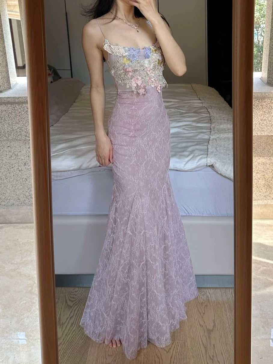 Elegant Light Purple Mermaid Square Neck 3D Floral Lace Long Prom Dress Evening Dress