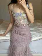 Elegant Light Purple Mermaid Square Neck 3D Floral Lace Long Prom Dress Evening Dress