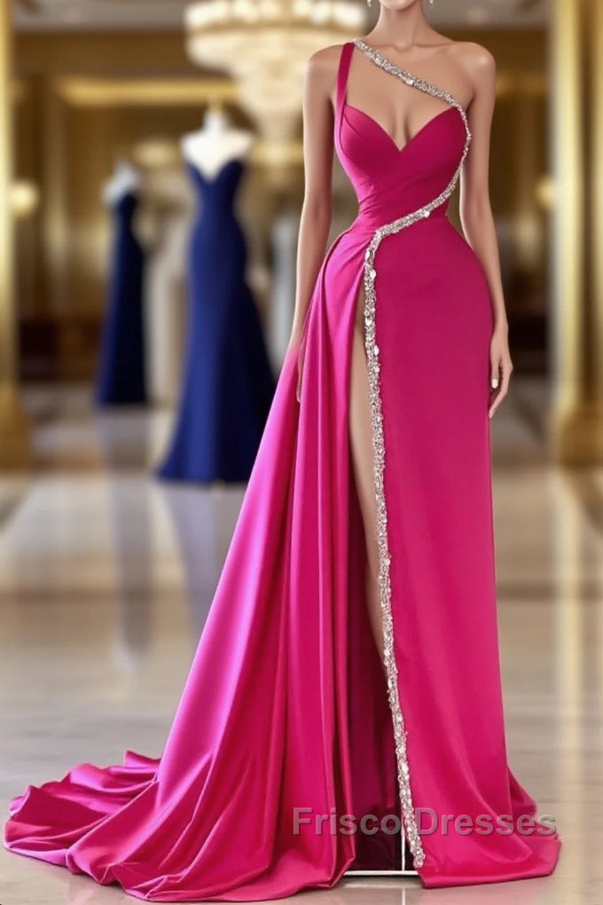 Elegant Long A-line One Shoulder Sweetheart Sleeveless Satin Formal Prom Dress With Slit Main image