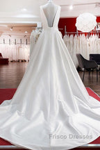 Elegant Long A-line V Neck Satin Ruffles Open Back Wedding Dress