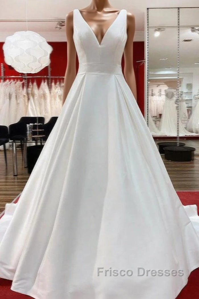 Elegant Long A-line V Neck Satin Ruffles Open Back Wedding Dress Main image