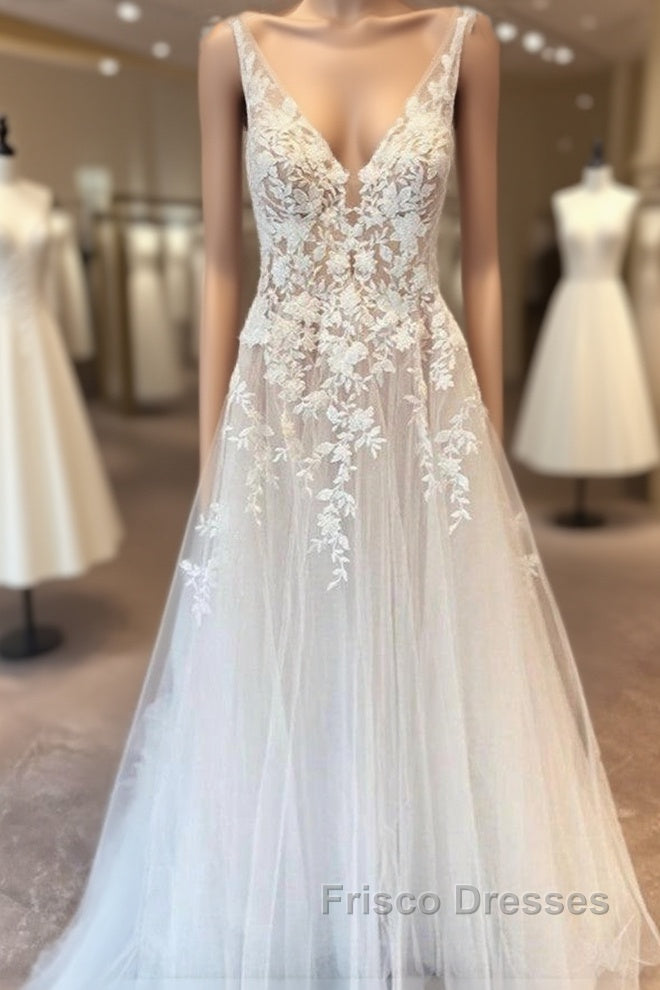 Elegant Long A-line V-neck Tulle Appliques Lace Open Back Wedding Dress Main image