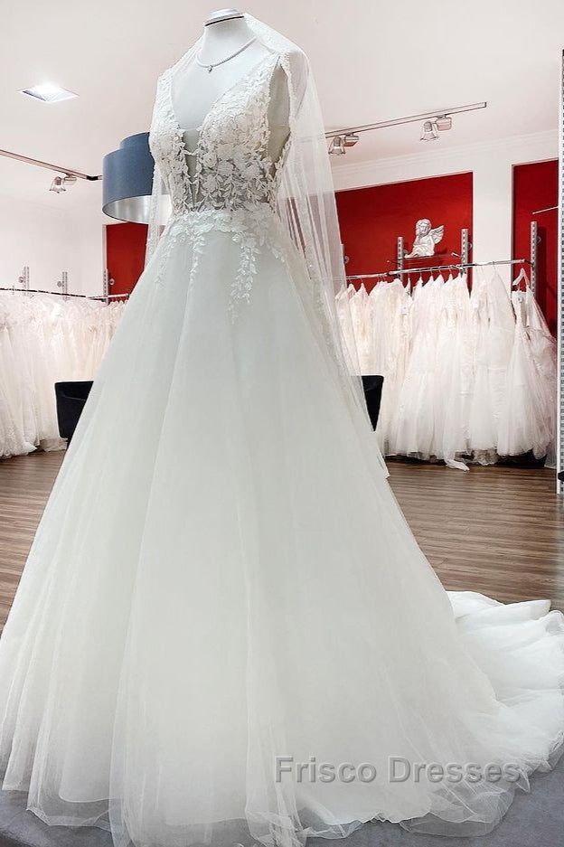 Elegant Long A-line V Neck Tulle Lace Open Back Wedding Dress Secondary image