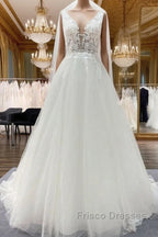 Elegant Long A-line V Neck Tulle Lace Open Back Wedding Dress